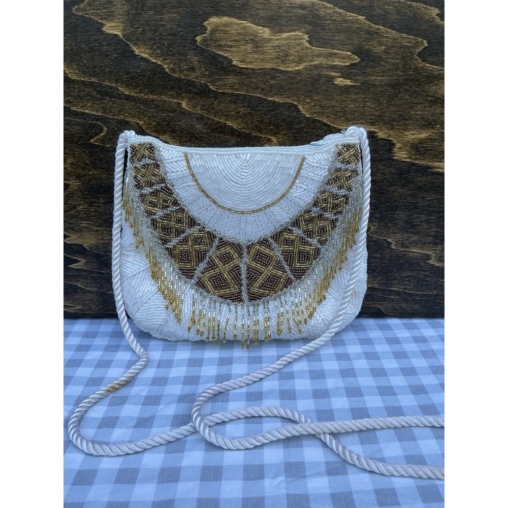 VTG Nina Ricci Beaded Purse Crossbody‎ Glass Bead Fringe Gold White Evening Bag